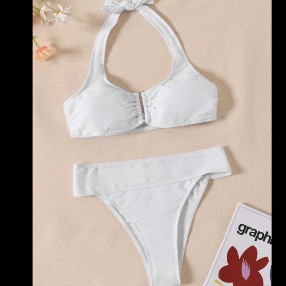 White high waisted halter bikini swimsuit high cut
